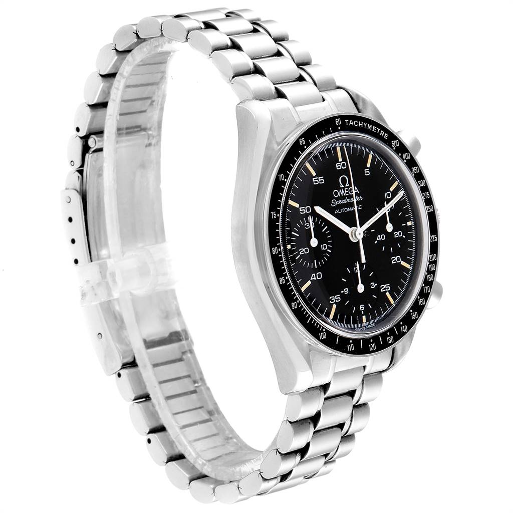 The image shows an Omega Speedmaster 3510.50.00 Men
s Stainless Steel Black Dial 3510.50.00 Men
s Stainless Steel Black Dial watch angled to display the face, bezel, and bracelet.