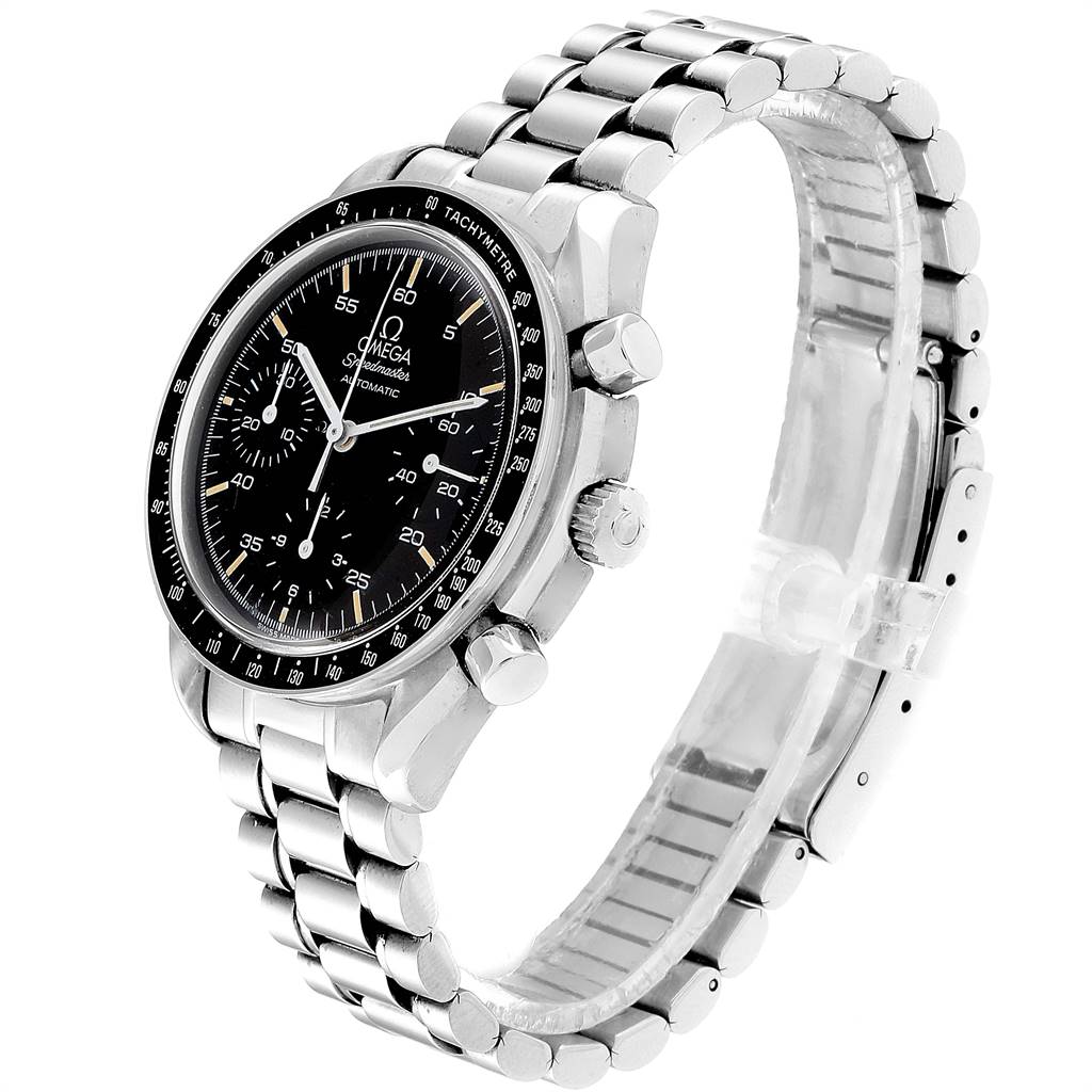 The image shows an Omega Speedmaster 3510.50.00 Men
s Stainless Steel Black Dial 3510.50.00 Men
s Stainless Steel Black Dial watch at a three-quarter angle, highlighting its dial, bezel, and metal bracelet.