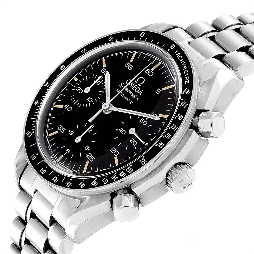 The Omega Speedmaster 3510.50.00 Men
s Stainless Steel Black Dial 3510.50.00 Men
s Stainless Steel Black Dial is shown at a three-quarter angle, displaying its dial, bezel, crown, pushers, and part of its bracelet.