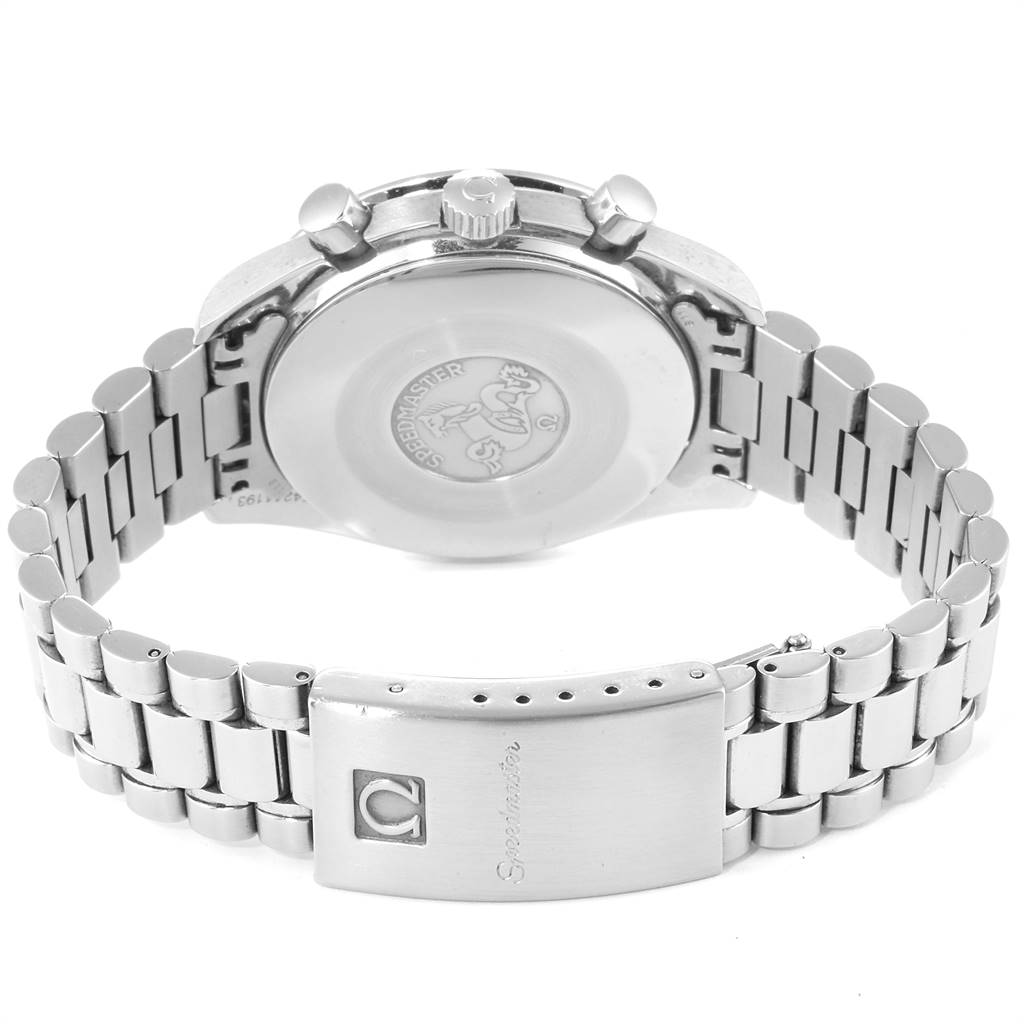 The image shows the back view of an Omega Speedmaster 3510.50.00 Men
s Stainless Steel Black Dial 3510.50.00 Men
s Stainless Steel Black Dial watch, highlighting its case back and bracelet clasp.