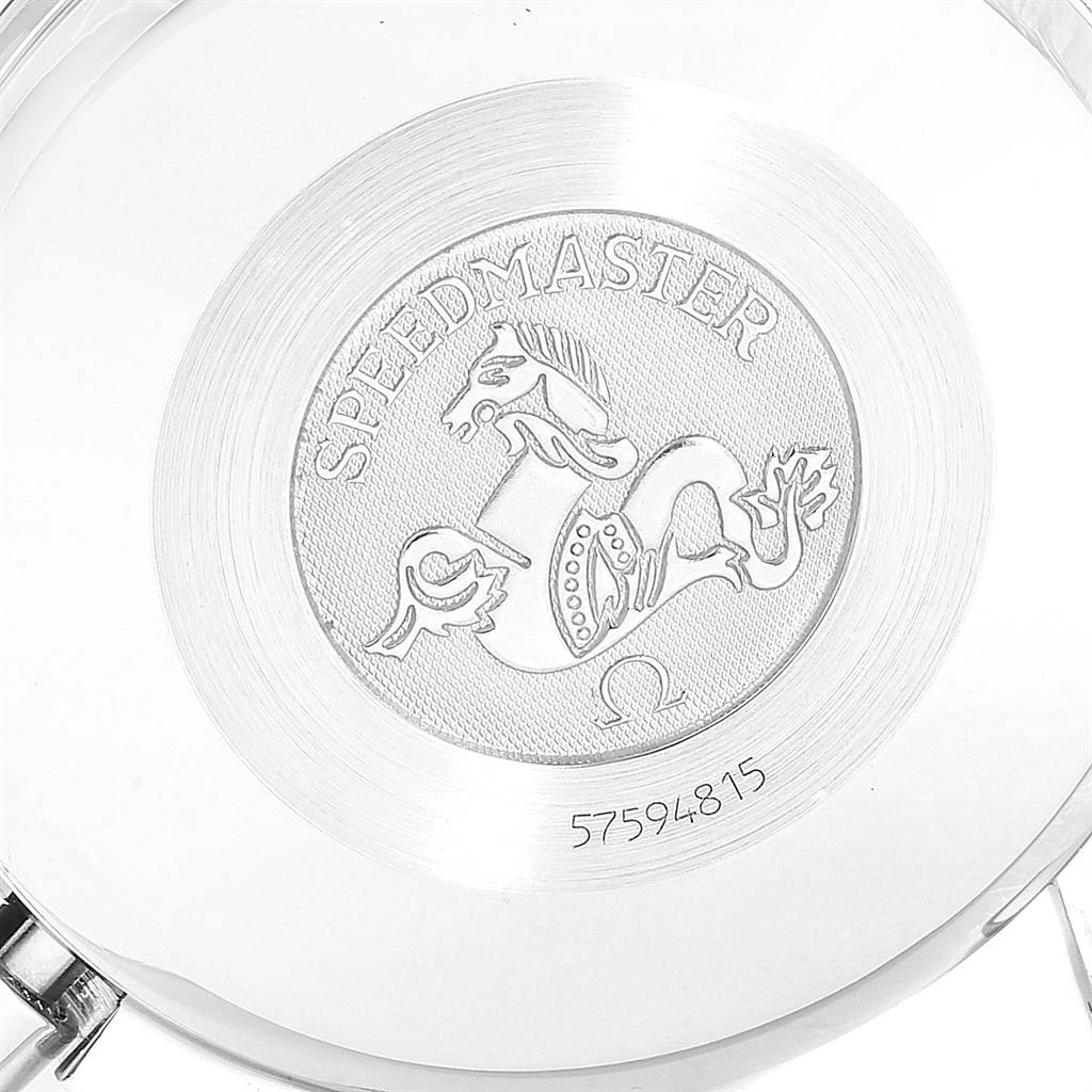 This image shows the case back of the Omega Speedmaster 3523.80.00 Men
s Stainless Steel Blue Dial 3523.80.00 Men
s Stainless Steel Blue Dial watch, featuring its emblem and serial number.
