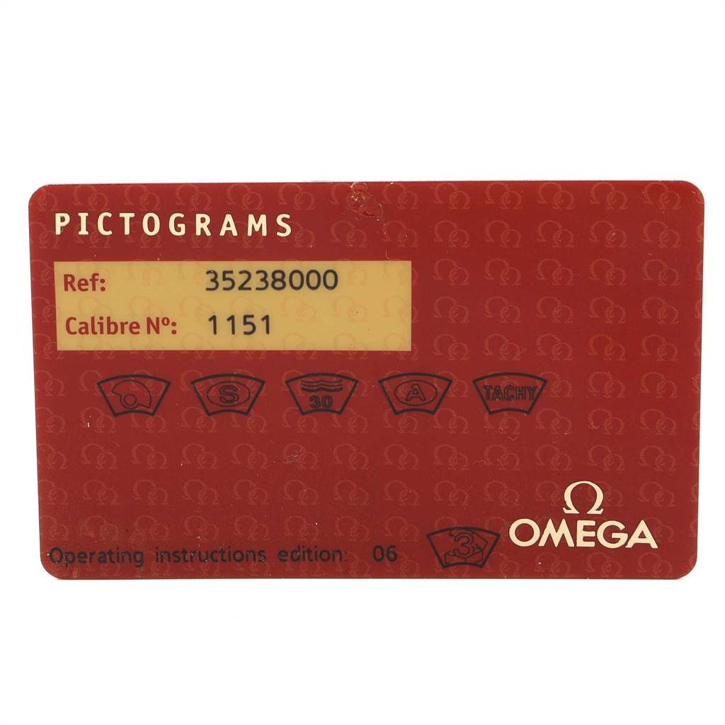 This is a pictogram card for an Omega Speedmaster 3523.80.00 Men
s Stainless Steel Blue Dial 3523.80.00 Men
s Stainless Steel Blue Dial watch, showing the reference number, caliber number, and various symbols.