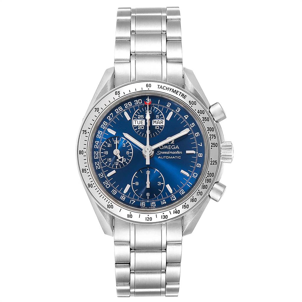 The image shows the Omega Speedmaster 3523.80.00 Men
s Stainless Steel Blue Dial 3523.80.00 Men
s Stainless Steel Blue Dial watch from a front angle, highlighting its blue dial, chronograph subdials, and metal bracelet.