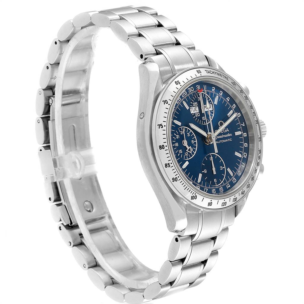 The image shows a side-angle view of an Omega Speedmaster 3523.80.00 Men
s Stainless Steel Blue Dial 3523.80.00 Men
s Stainless Steel Blue Dial watch with a visible crown, bezel, dial, and bracelet.