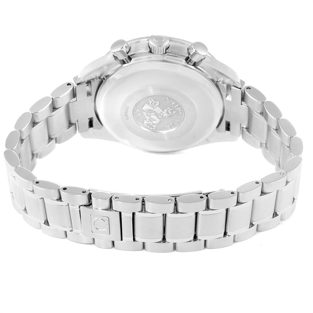 This image shows the back view of an Omega Speedmaster 3523.80.00 Men
s Stainless Steel Blue Dial 3523.80.00 Men
s Stainless Steel Blue Dial watch, focusing on the case back and metal bracelet.