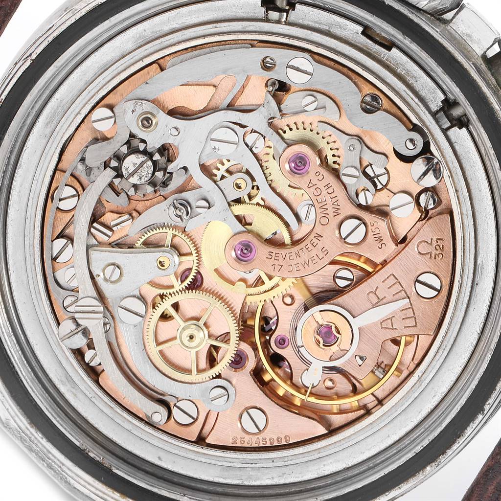 The image shows the intricate internal mechanism of an Omega Speedmaster 145.012 Men's Stainless Steel Black Dial 145.012 Men's Stainless Steel Black Dial watch, viewed from the back.