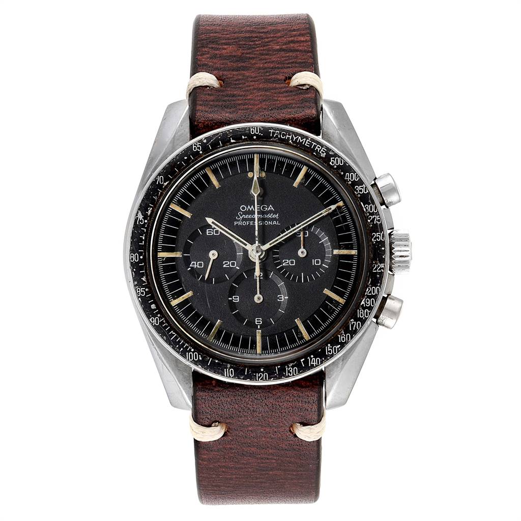 The image shows a front view of an Omega Speedmaster 145.012 Men's Stainless Steel Black Dial 145.012 Men's Stainless Steel Black Dial watch with a black dial and brown leather strap.