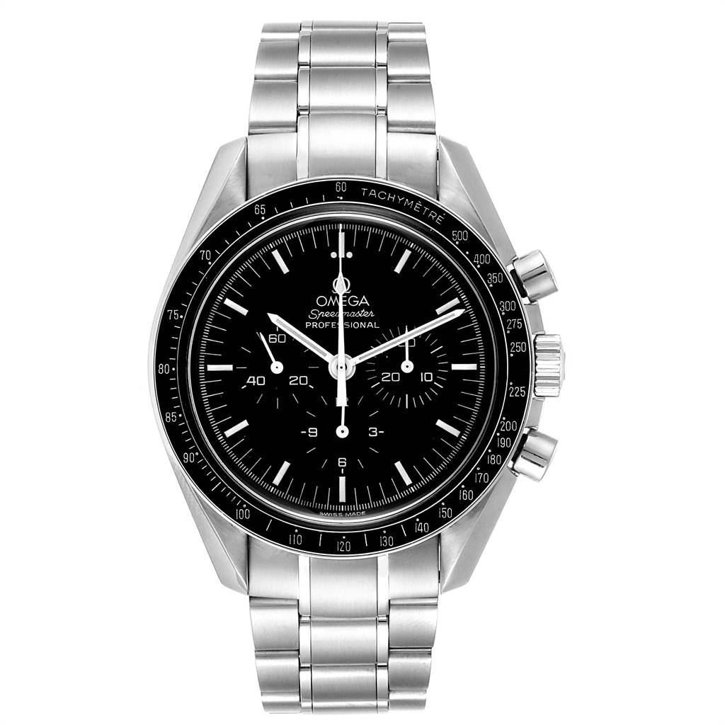 The image shows a frontal view of the Omega Speedmaster 3572.50.00 Men
s Stainless Steel Black Dial 3572.50.00 Men
s Stainless Steel Black Dial watch with a stainless steel bracelet and black dial.