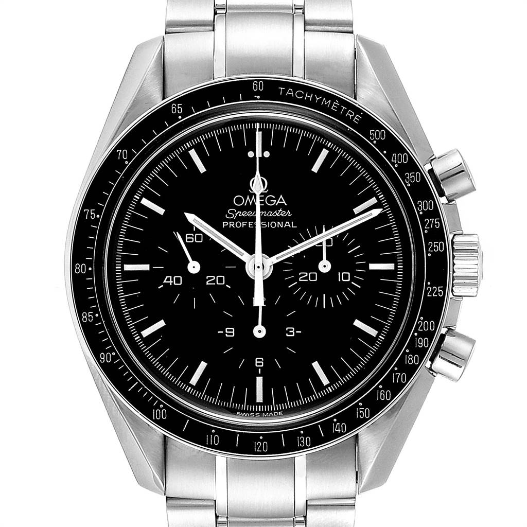 The image shows a frontal view of the Omega Speedmaster 3572.50.00 Men
s Stainless Steel Black Dial 3572.50.00 Men
s Stainless Steel Black Dial watch, highlighting the dial, tachymeter bezel, and stainless steel bracelet.