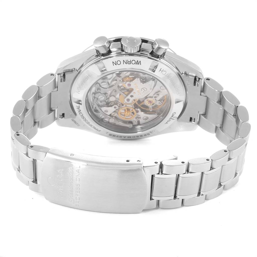 This Omega Speedmaster 3572.50.00 Men
s Stainless Steel Black Dial 3572.50.00 Men
s Stainless Steel Black Dial watch is shown from the rear, highlighting the back case with visible mechanics and part of the bracelet.