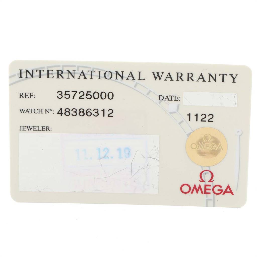 This image shows the International Warranty card for the Omega Speedmaster 3572.50.00 Men
s Stainless Steel Black Dial 3572.50.00 Men
s Stainless Steel Black Dial watch model.