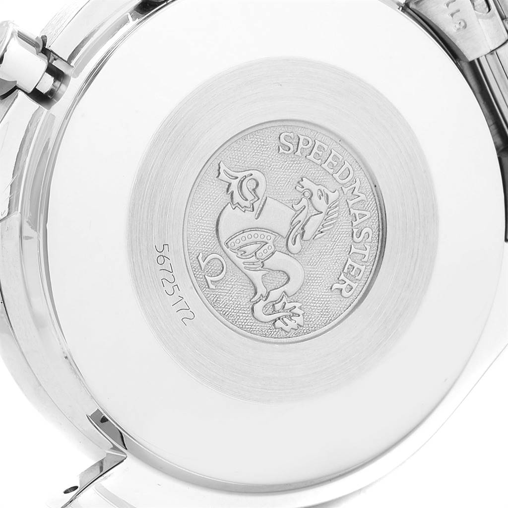 This image shows the engraved case back of an Omega Speedmaster 3510.50.00 Men
s Stainless Steel Black Dial 3510.50.00 Men
s Stainless Steel Black Dial watch from a close-up, angled slightly to the side.