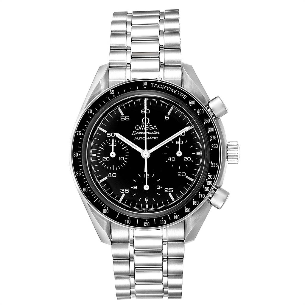 The image shows a front view of an Omega Speedmaster 3510.50.00 Men
s Stainless Steel Black Dial 3510.50.00 Men
s Stainless Steel Black Dial watch, displaying its dial, bezel, and metal bracelet.
