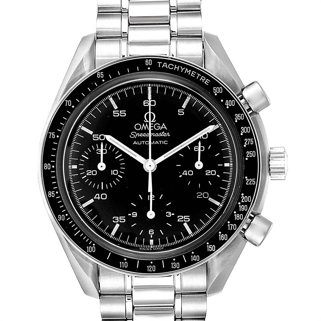 This image shows a front view of an Omega Speedmaster 3510.50.00 Men
s Stainless Steel Black Dial 3510.50.00 Men
s Stainless Steel Black Dial watch, displaying the dial, bezel, crown, and chronograph pushers.