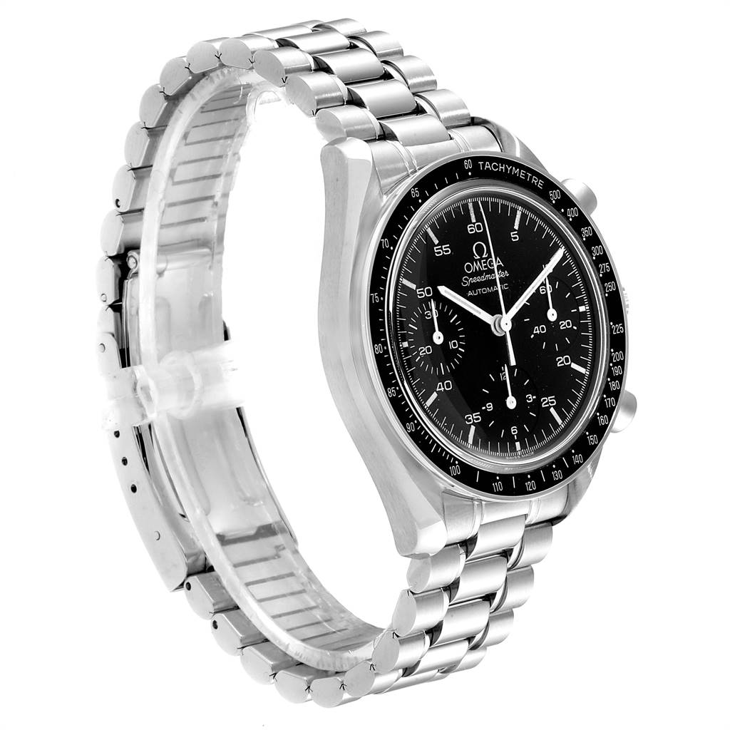 This image shows the side and front angle of an Omega Speedmaster 3510.50.00 Men
s Stainless Steel Black Dial 3510.50.00 Men
s Stainless Steel Black Dial watch with a stainless steel bracelet and black dial.