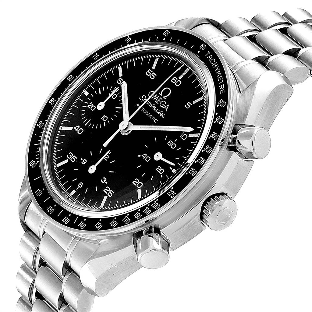 The Omega Speedmaster 3510.50.00 Men
s Stainless Steel Black Dial 3510.50.00 Men
s Stainless Steel Black Dial is shown from a right-side angle, highlighting the dial, bezel, crown, pushers, and stainless steel bracelet.