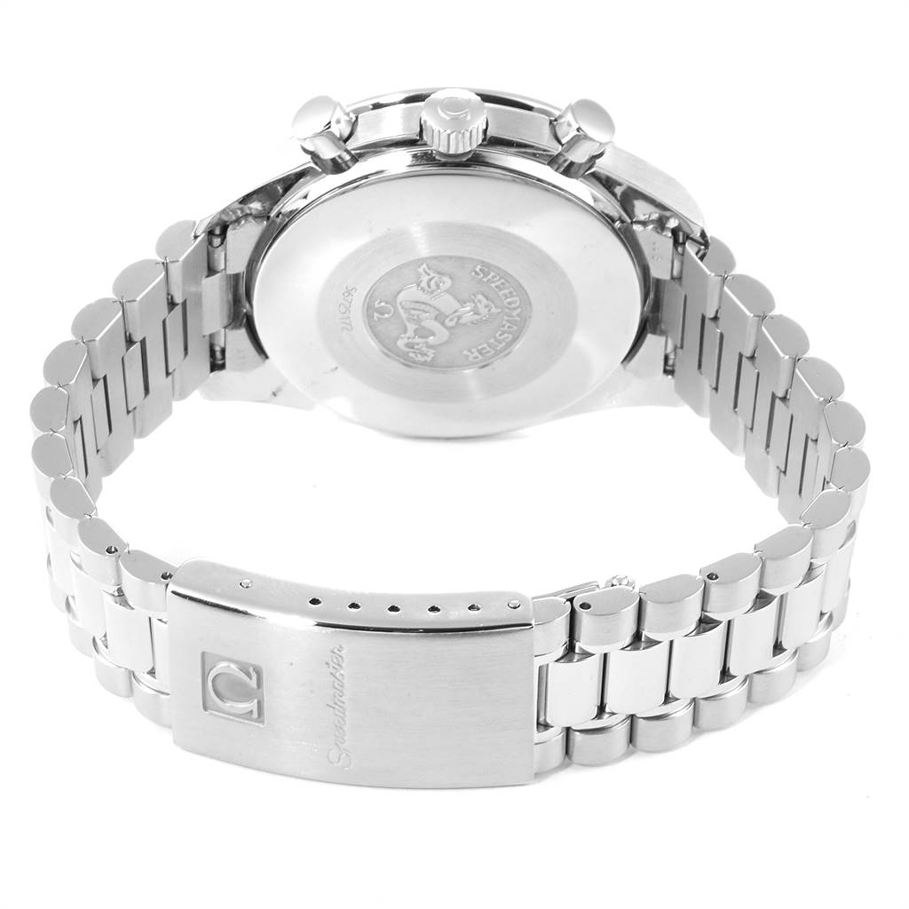 The image shows an Omega Speedmaster 3510.50.00 Men
s Stainless Steel Black Dial 3510.50.00 Men
s Stainless Steel Black Dial watch from a rear angle, highlighting its case back, crown, pushers, and metal bracelet with a clasp.