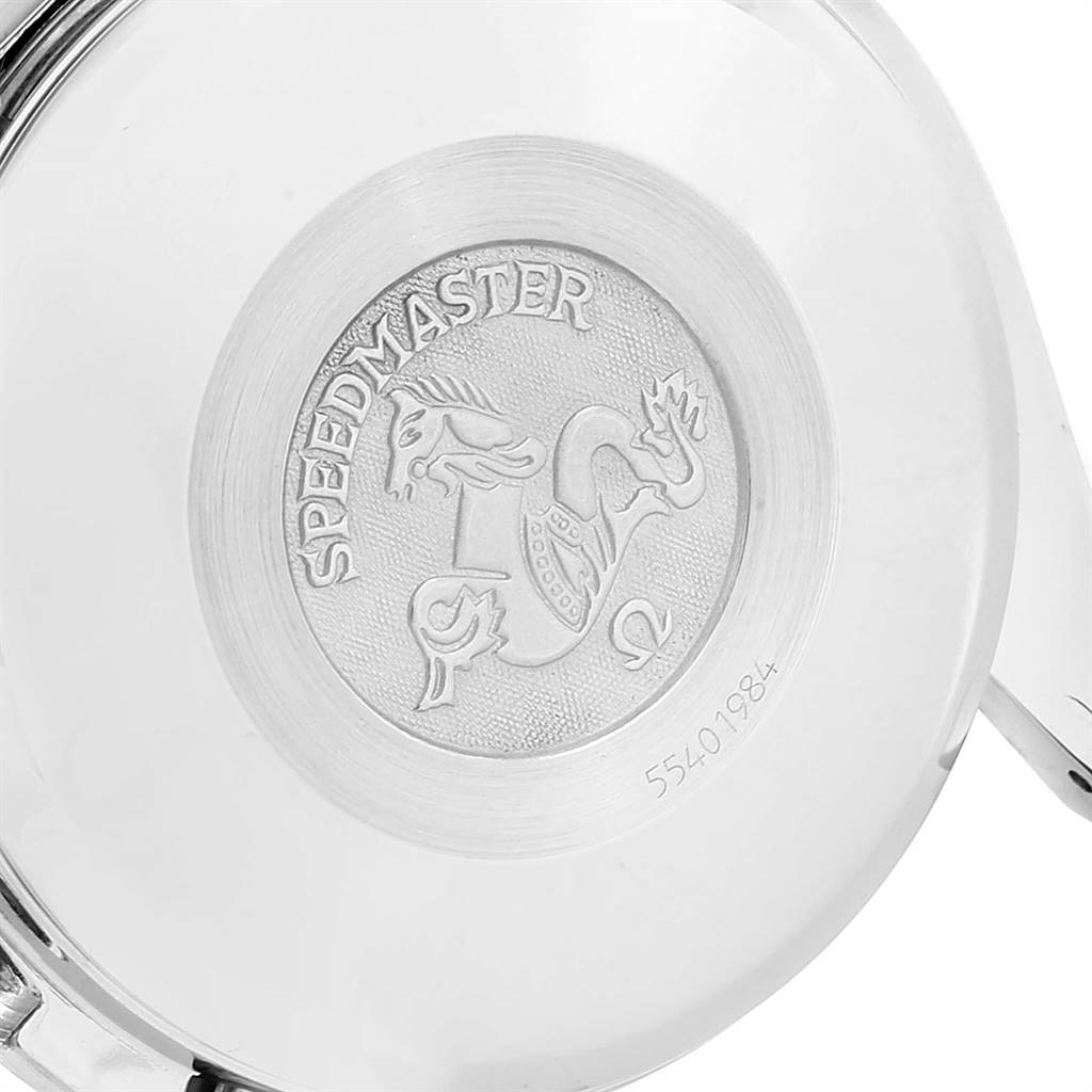 The image shows the back case of an Omega Speedmaster 3521.30.00 Men
s Stainless Steel Silver Dial 3521.30.00 Men
s Stainless Steel Silver Dial watch, featuring the engraved logo and some engraved numbers.