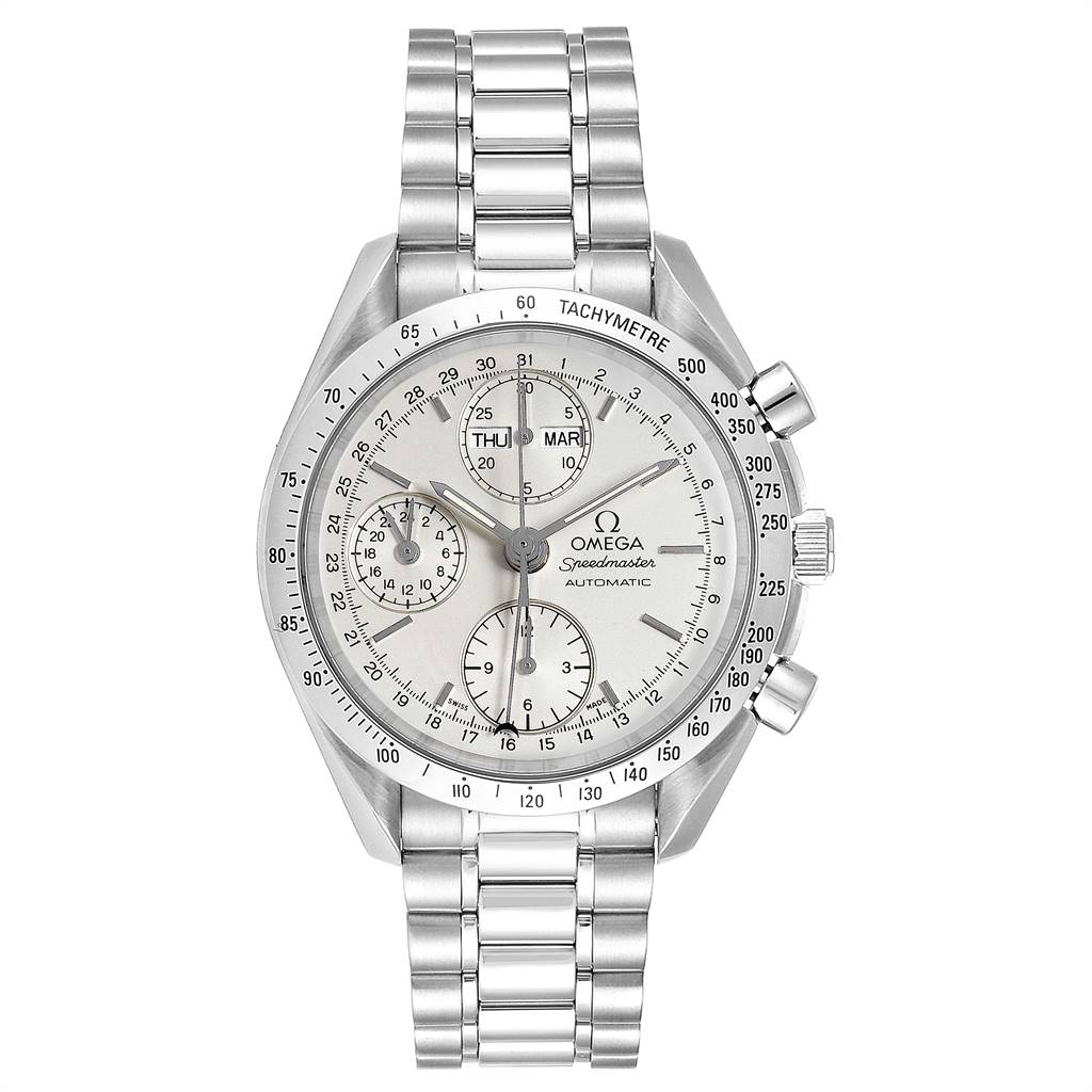 The image shows a front view of an Omega Speedmaster 3521.30.00 Men
s Stainless Steel Silver Dial 3521.30.00 Men
s Stainless Steel Silver Dial watch, displaying its face, bracelet, and chronograph features.