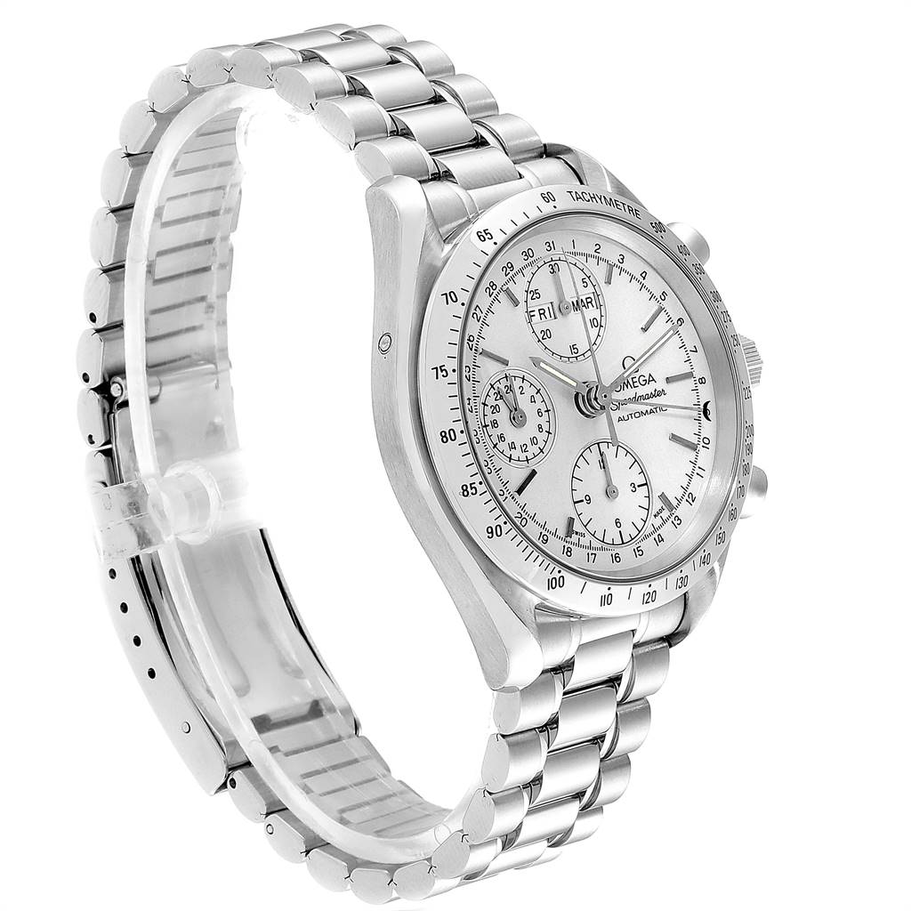 The image shows an Omega Speedmaster 3521.30.00 Men
s Stainless Steel Silver Dial 3521.30.00 Men
s Stainless Steel Silver Dial watch from a 3/4 angle, highlighting its face, bracelet, bezel, and pushers.