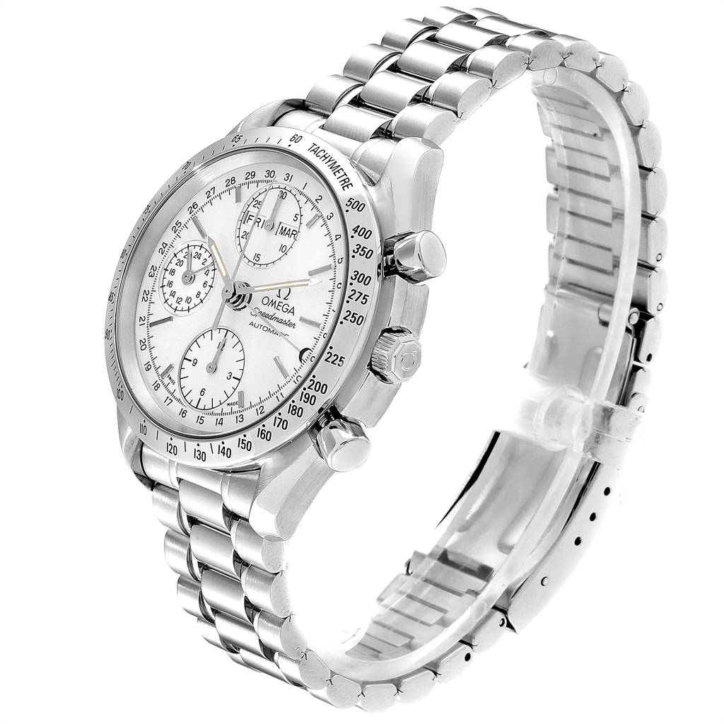 The Omega Speedmaster 3521.30.00 Men
s Stainless Steel Silver Dial 3521.30.00 Men
s Stainless Steel Silver Dial watch is shown from a tilted side angle, highlighting its face, bezel, and stainless steel bracelet.