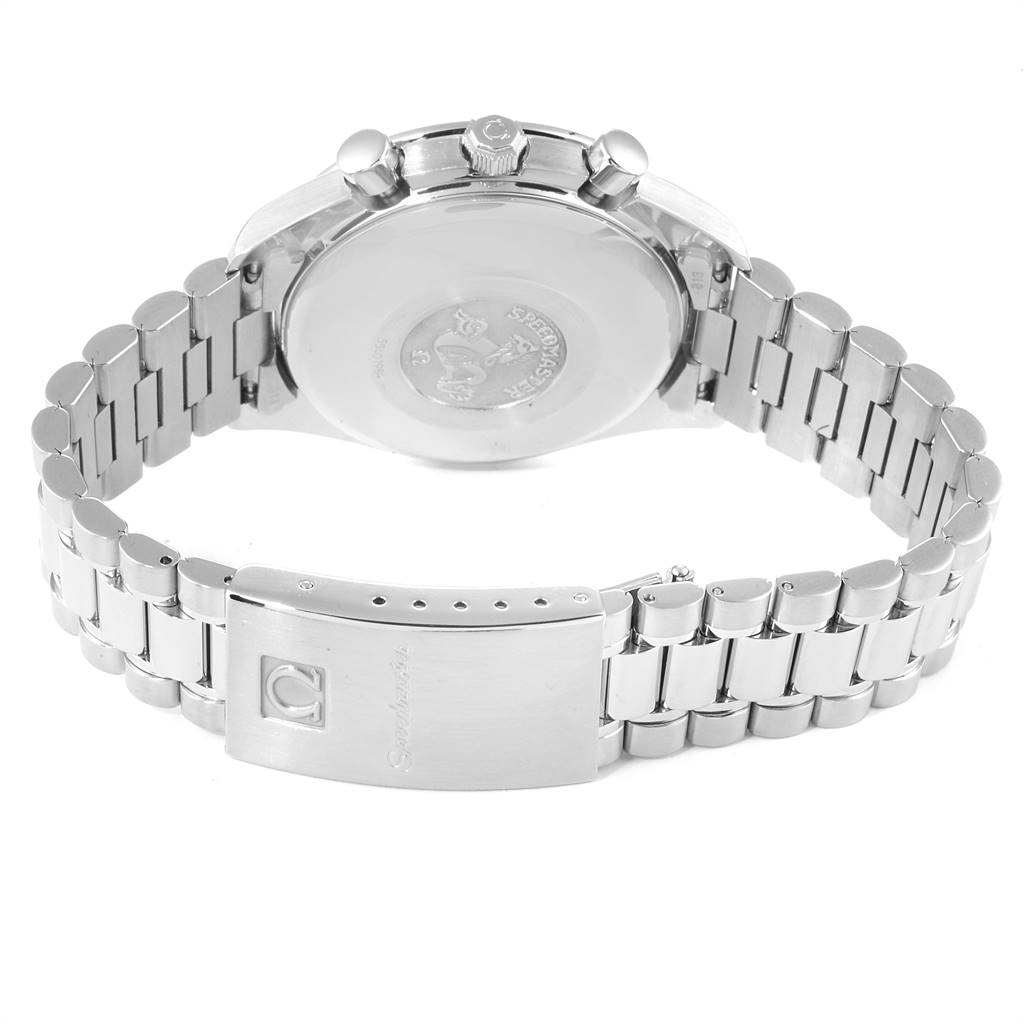 The image shows the back view of an Omega Speedmaster 3521.30.00 Men
s Stainless Steel Silver Dial 3521.30.00 Men
s Stainless Steel Silver Dial watch with the bracelet and clasp clearly visible.