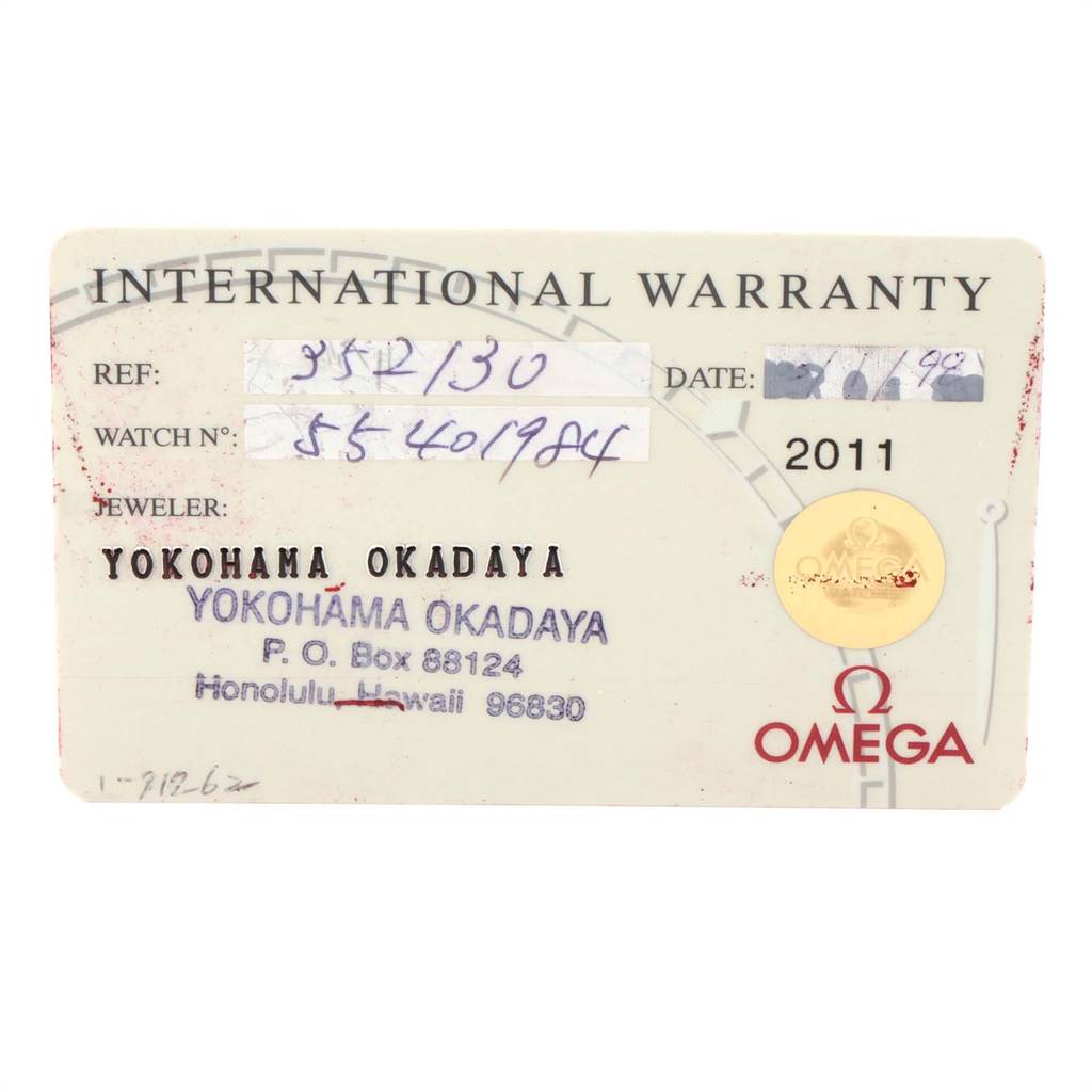 The image shows an Omega Speedmaster 3521.30.00 Men
s Stainless Steel Silver Dial 3521.30.00 Men
s Stainless Steel Silver Dial warranty card with dealer and purchase details.