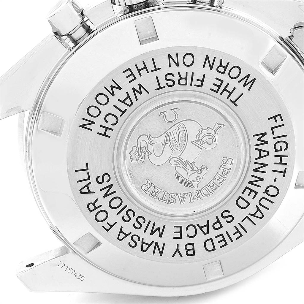 The image shows the back case of the Omega Speedmaster 3570.50.00 Men
s Stainless Steel Black Dial 3570.50.00 Men
s Stainless Steel Black Dial watch with engravings and the model
s emblem.