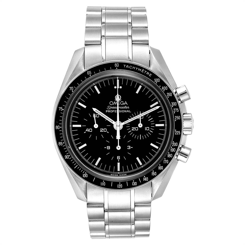 The Omega Speedmaster 3570.50.00 Men
s Stainless Steel Black Dial 3570.50.00 Men
s Stainless Steel Black Dial watch is shown from a direct front angle, displaying the face, bezel, and metal bracelet.