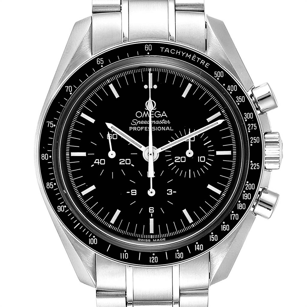 This Omega Speedmaster 3570.50.00 Men
s Stainless Steel Black Dial 3570.50.00 Men
s Stainless Steel Black Dial watch is shown from a front angle, highlighting its stainless steel case, tachymeter bezel, and black dial.