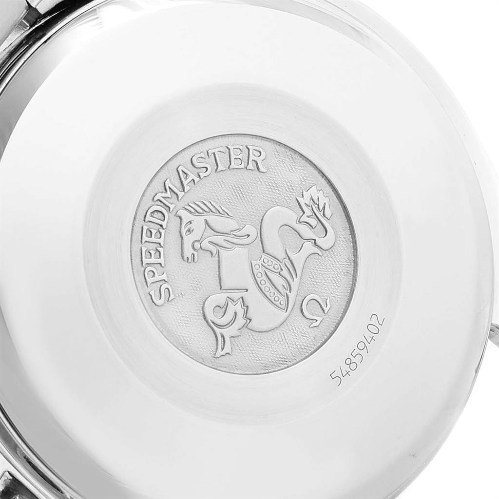 The image shows the back case of an Omega Speedmaster 3511.80.00 Men
s Stainless Steel Blue Dial 3511.80.00 Men
s Stainless Steel Blue Dial watch, featuring the Speedmaster logo and some engraved details.