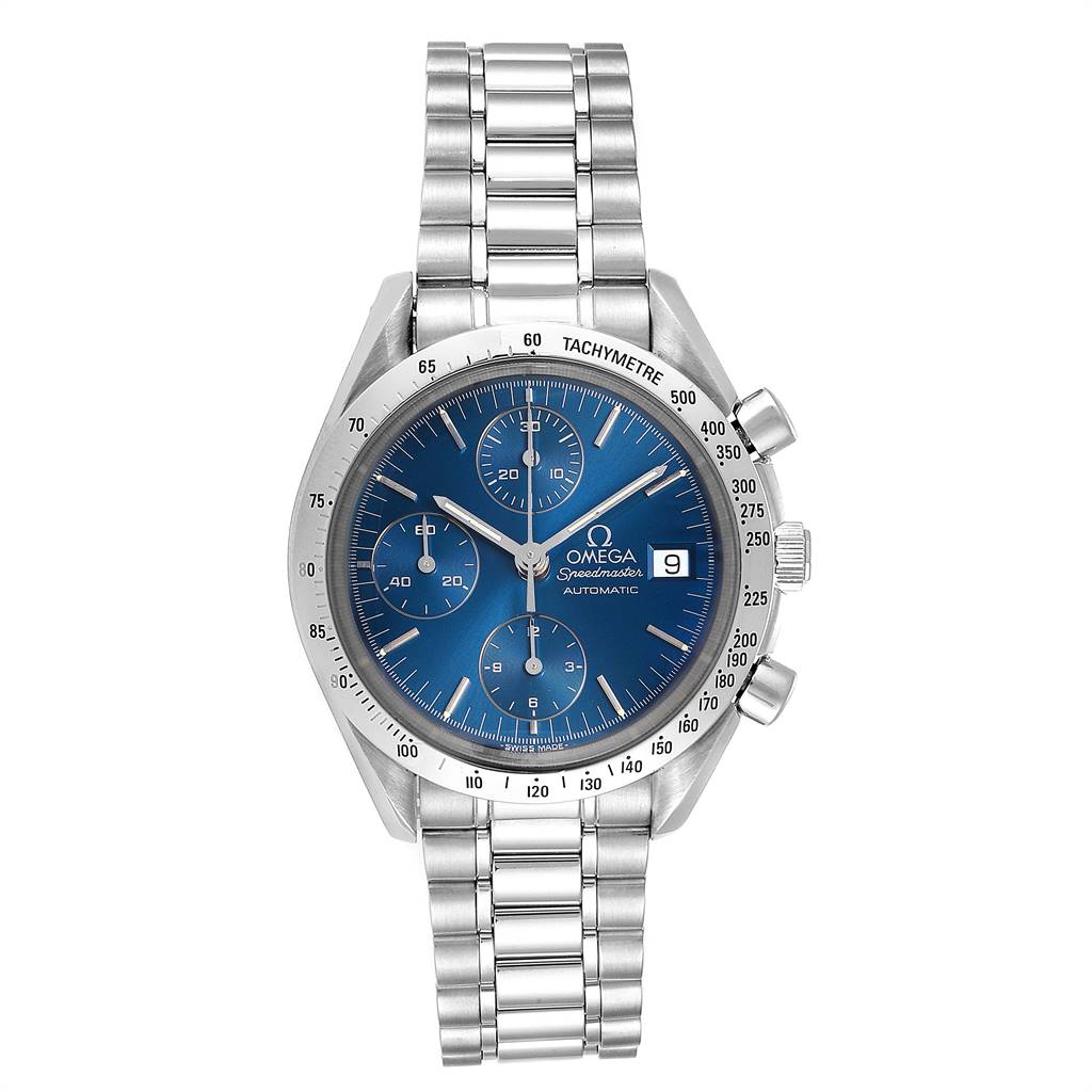 This image shows a frontal view of an Omega Speedmaster 3511.80.00 Men
s Stainless Steel Blue Dial 3511.80.00 Men
s Stainless Steel Blue Dial watch, highlighting its blue dial, chronograph subdials, and stainless steel bracelet.
