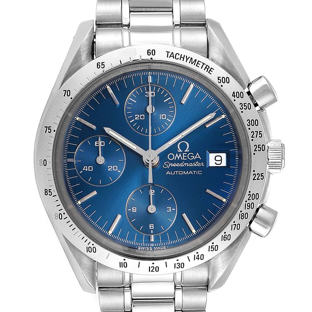 This image shows a front view of the Omega Speedmaster 3511.80.00 Men
s Stainless Steel Blue Dial 3511.80.00 Men
s Stainless Steel Blue Dial watch, featuring the dial, hands, subdials, date window, and tachymeter bezel.