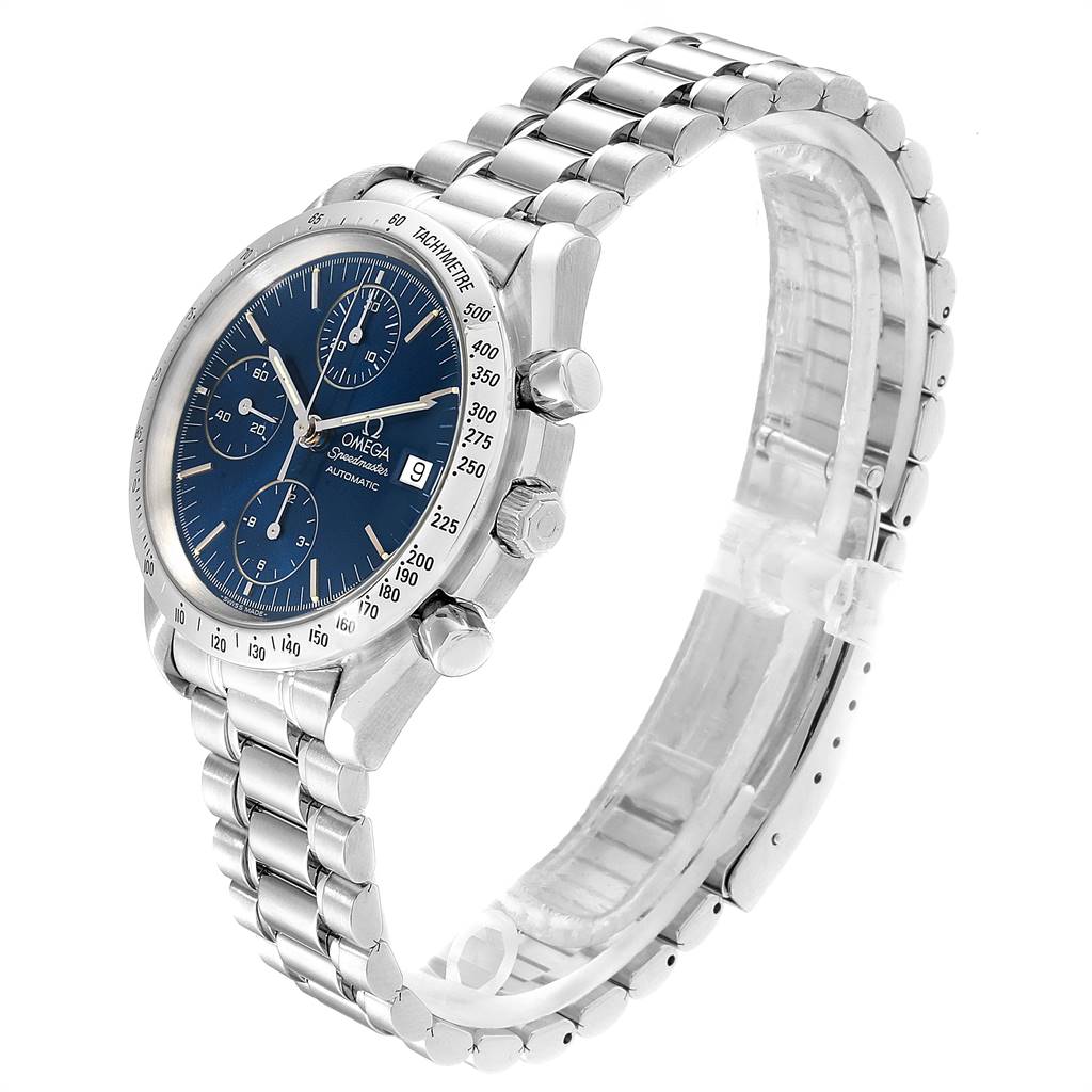 The Omega Speedmaster 3511.80.00 Men
s Stainless Steel Blue Dial 3511.80.00 Men
s Stainless Steel Blue Dial watch is shown at a three-quarter angle, highlighting the dial, bezel, crown, pushers, and bracelet.