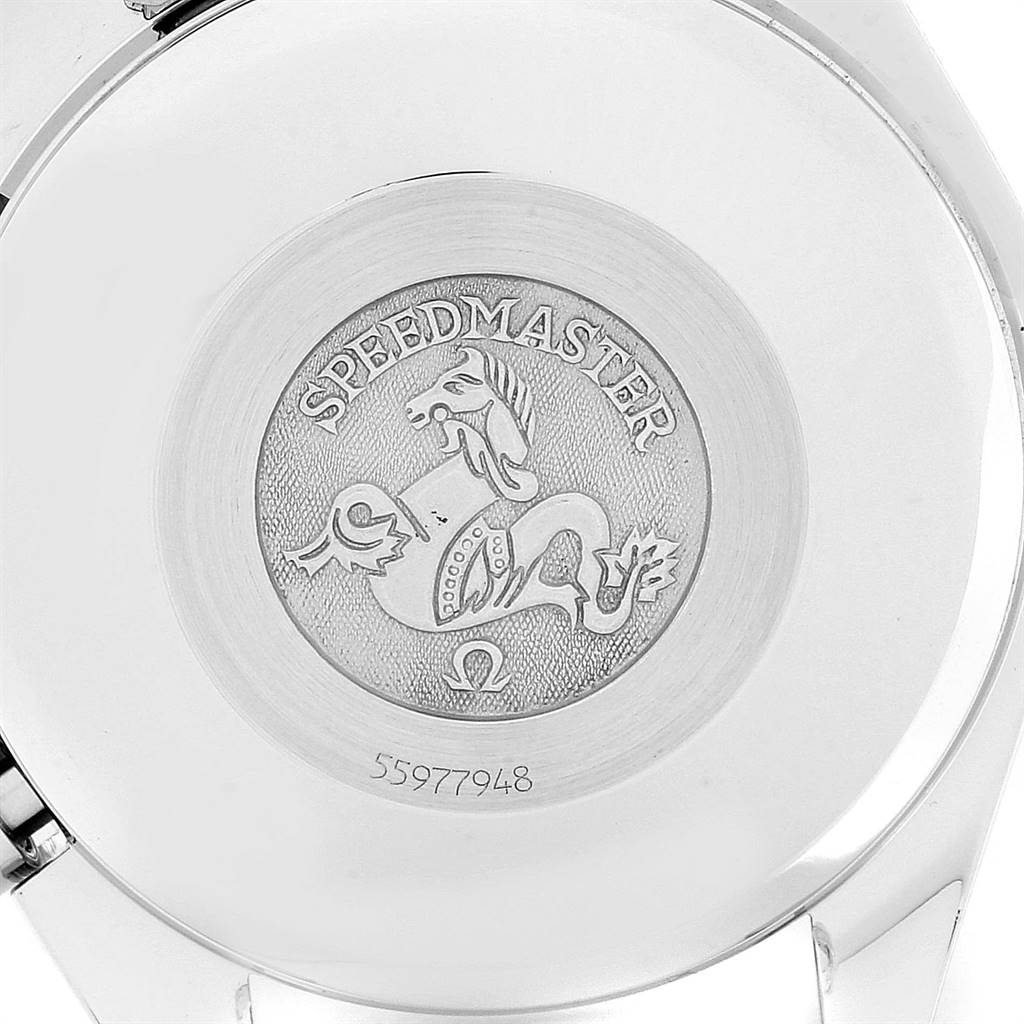 This is an image of the case back of an Omega Speedmaster 3520.53.00 Men
s Stainless Steel Grey Dial 3520.53.00 Men
s Stainless Steel Grey Dial watch, showing the engraved logo and serial number.