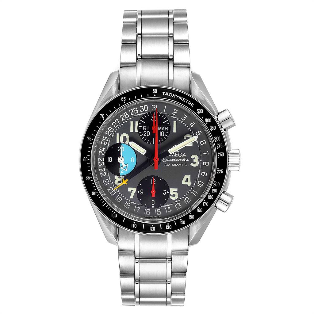 The image shows the front view of an Omega Speedmaster 3520.53.00 Men
s Stainless Steel Grey Dial 3520.53.00 Men
s Stainless Steel Grey Dial watch focusing on its dial, tachymeter bezel, and stainless steel bracelet.