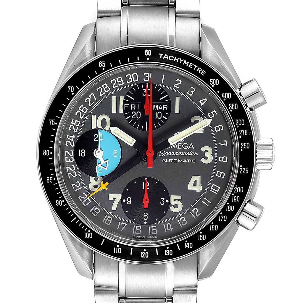 The image shows a front view of the Omega Speedmaster 3520.53.00 Men
s Stainless Steel Grey Dial 3520.53.00 Men
s Stainless Steel Grey Dial watch, displaying its dial, bezel, and metal bracelet.