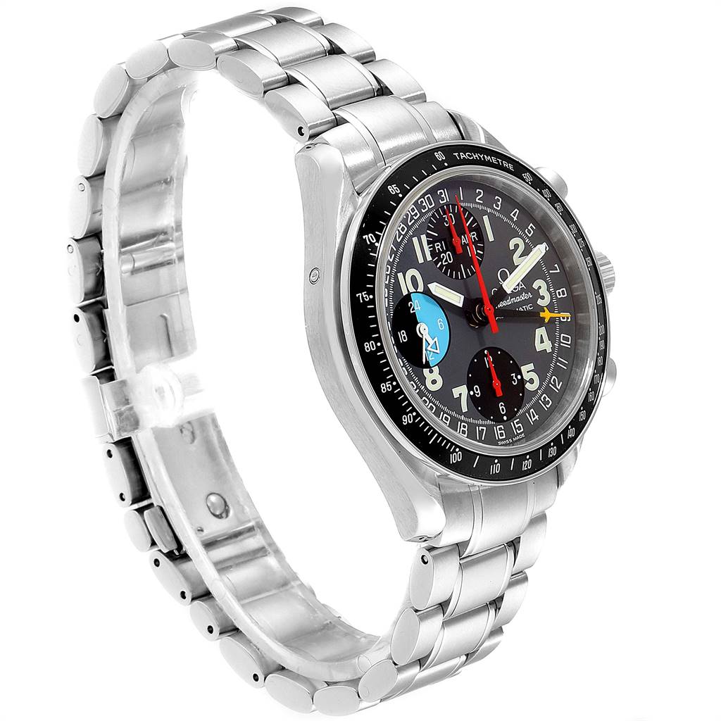 The Omega Speedmaster 3520.53.00 Men
s Stainless Steel Grey Dial 3520.53.00 Men
s Stainless Steel Grey Dial watch is shown from a front-side angle, highlighting the watch face and stainless steel bracelet.