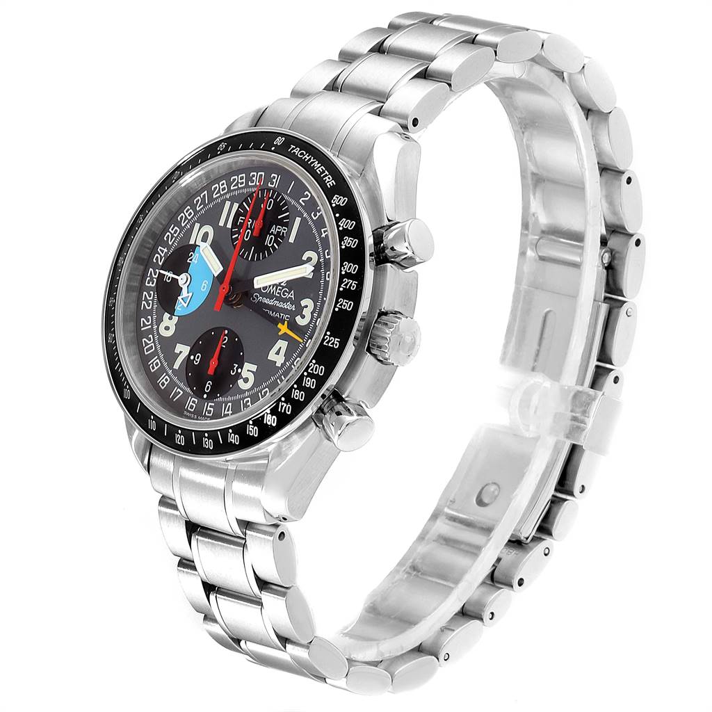 The Omega Speedmaster 3520.53.00 Men
s Stainless Steel Grey Dial 3520.53.00 Men
s Stainless Steel Grey Dial watch is shown at an angle highlighting its face, bezel, and stainless steel bracelet.