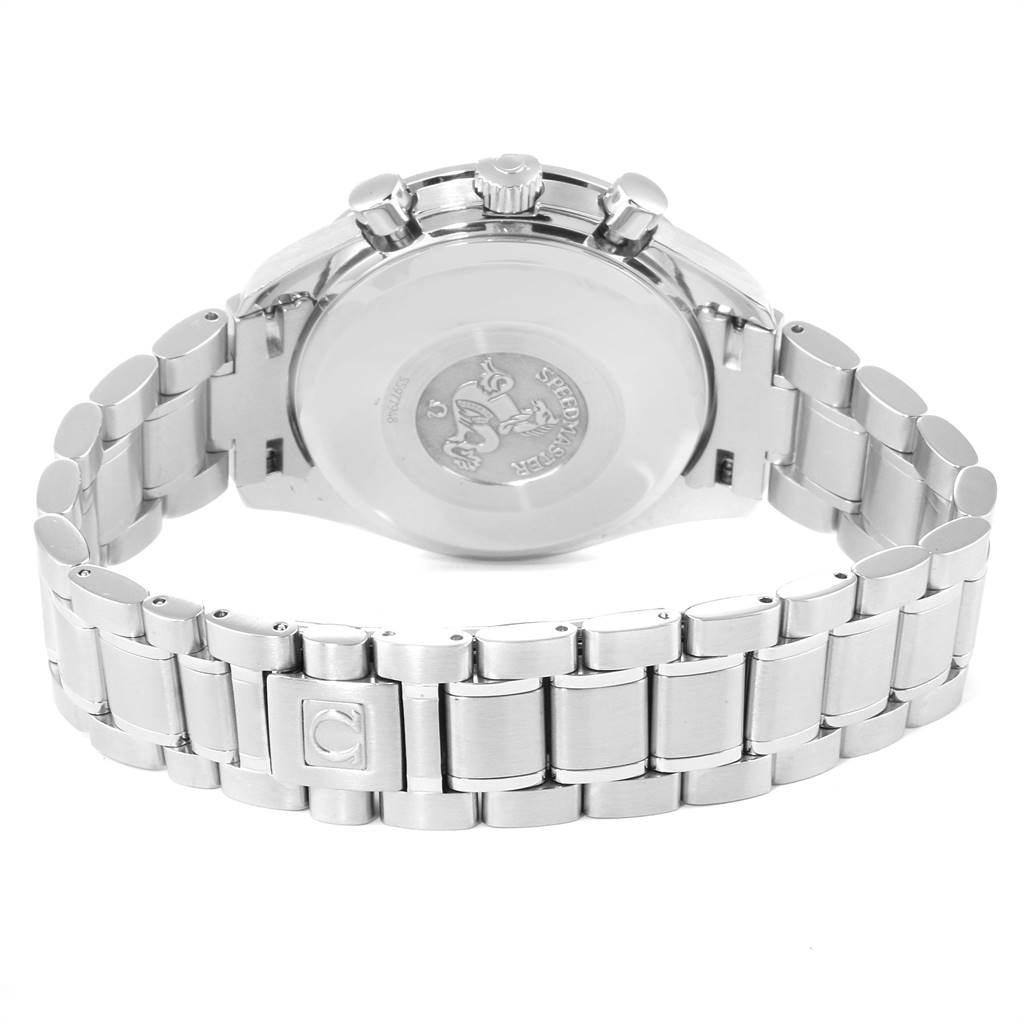 The image displays the back view of the Omega Speedmaster 3520.53.00 Men
s Stainless Steel Grey Dial 3520.53.00 Men
s Stainless Steel Grey Dial watch, focusing on the stainless steel bracelet and case back.