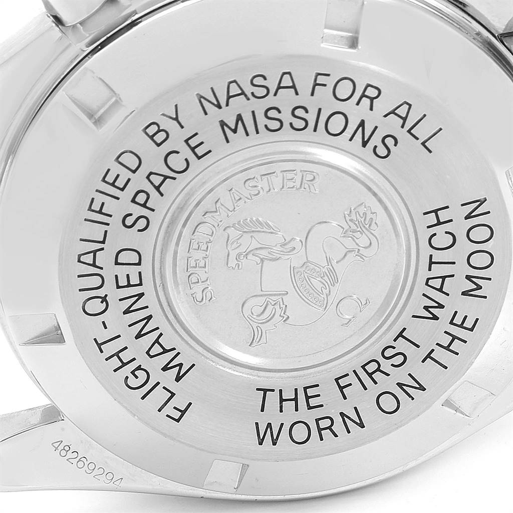 The image shows the engraved caseback of an Omega Speedmaster 3570.50.00 Men
s Stainless Steel Black Dial 3570.50.00 Men
s Stainless Steel Black Dial watch, highlighting its NASA qualification and history on the moon.