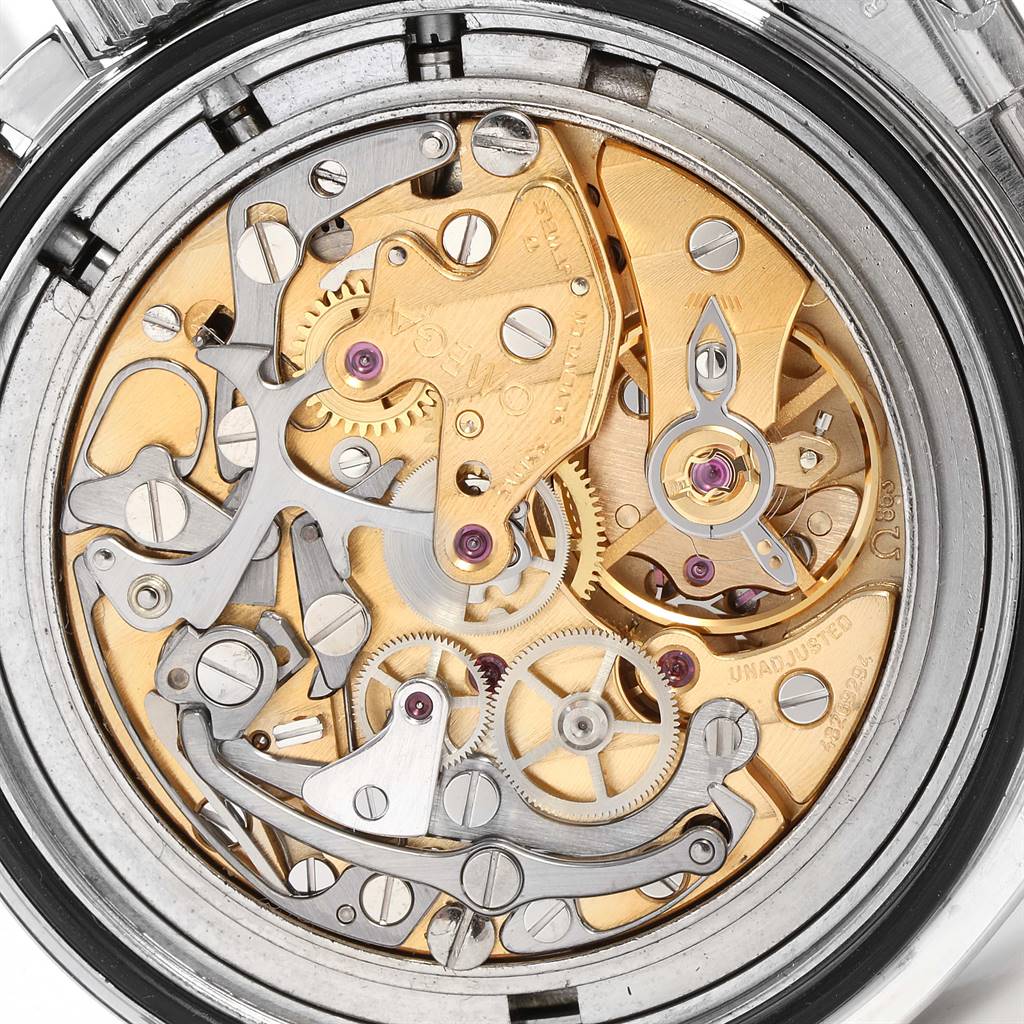 The image shows a close-up view of the movement mechanism inside an Omega Speedmaster 3570.50.00 Men
s Stainless Steel Black Dial 3570.50.00 Men
s Stainless Steel Black Dial watch.