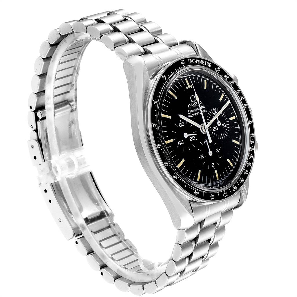 The image shows an Omega Speedmaster 3570.50.00 Men
s Stainless Steel Black Dial 3570.50.00 Men
s Stainless Steel Black Dial watch at a slight angle, displaying the face, bezel, and metal bracelet.