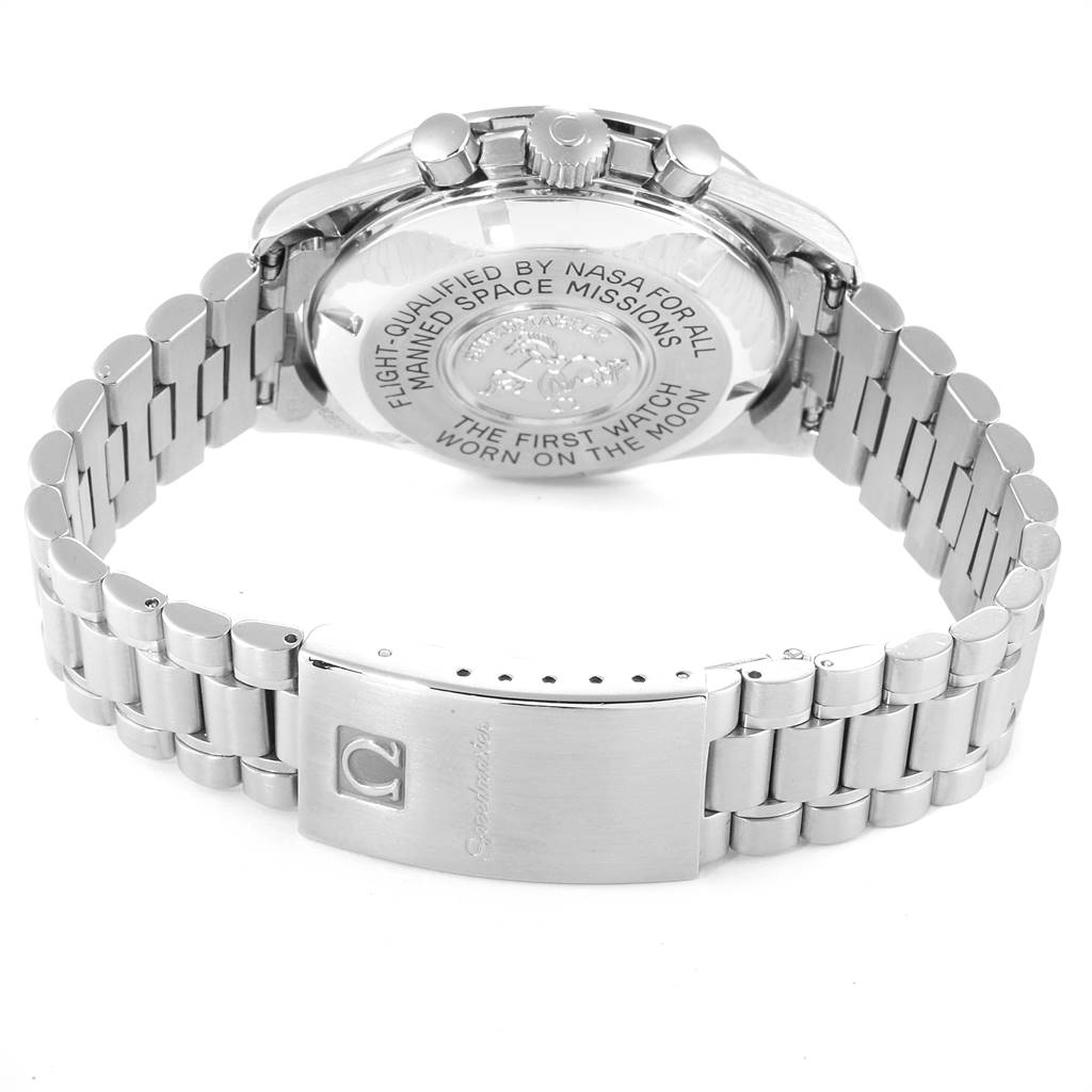 This image shows the back case and bracelet of an Omega Speedmaster 3570.50.00 Men
s Stainless Steel Black Dial 3570.50.00 Men
s Stainless Steel Black Dial watch from a rear angle.