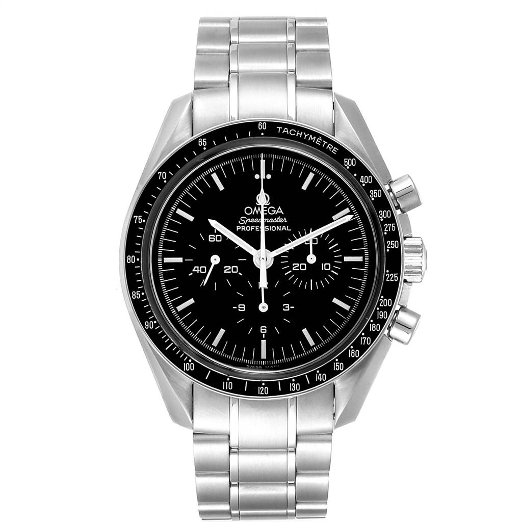 The image shows a front view of the Omega Speedmaster 3572.50.00 Men
s Stainless Steel Black Dial 3572.50.00 Men
s Stainless Steel Black Dial watch, displaying its face, bezel, and metal bracelet.