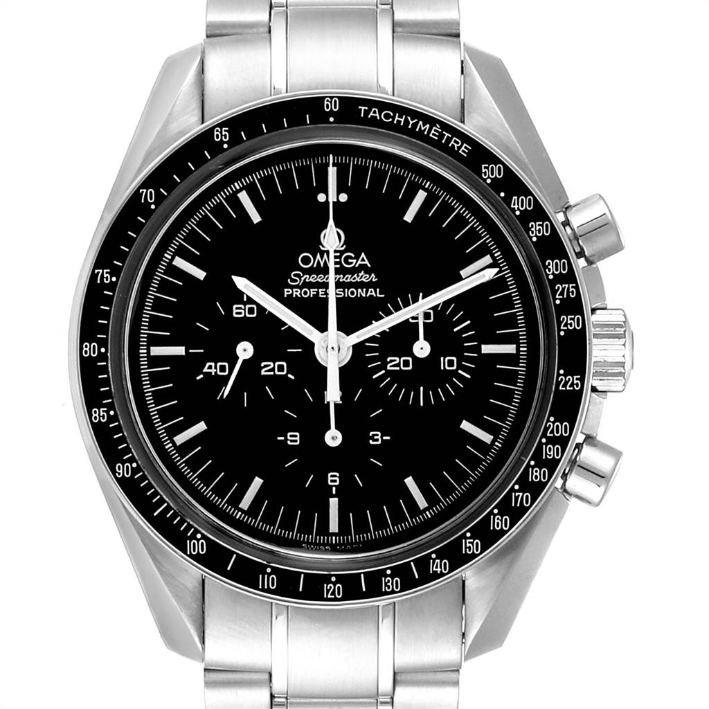 The image shows a front view of the Omega Speedmaster 3572.50.00 Men
s Stainless Steel Black Dial 3572.50.00 Men
s Stainless Steel Black Dial Professional watch, highlighting the dial, bezel, and chronograph pushers.