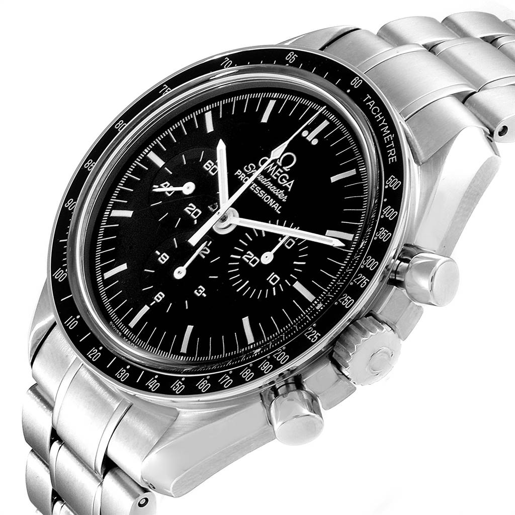 The Omega Speedmaster 3572.50.00 Men
s Stainless Steel Black Dial 3572.50.00 Men
s Stainless Steel Black Dial watch is shown at an angle highlighting the face, bezel, crown, pushers, and part of the bracelet.