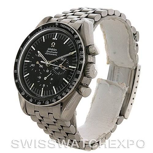 The image shows an angled side view of the Omega Speedmaster Men's Stainless Steel Black Dial Men's Stainless Steel Black Dial watch, highlighting the black dial, bezel, and metal bracelet.