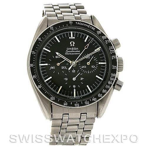 The image shows a front view of the Omega Speedmaster Men's Stainless Steel Black Dial Men's Stainless Steel Black Dial watch, displaying its face, bezel, pushers, and metal bracelet.