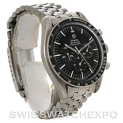 The image shows an Omega Speedmaster Men's Stainless Steel Black Dial Men's Stainless Steel Black Dial watch from a three-quarter view, highlighting its face, bezel, and metal bracelet.